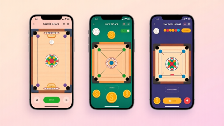 自动生成图片: A split-screen comparison of different mobile carrom board game interfaces, showing variations in visual style, button layout, and coin designs, on a soft pastel background high quality illustration, detailed, 16:9