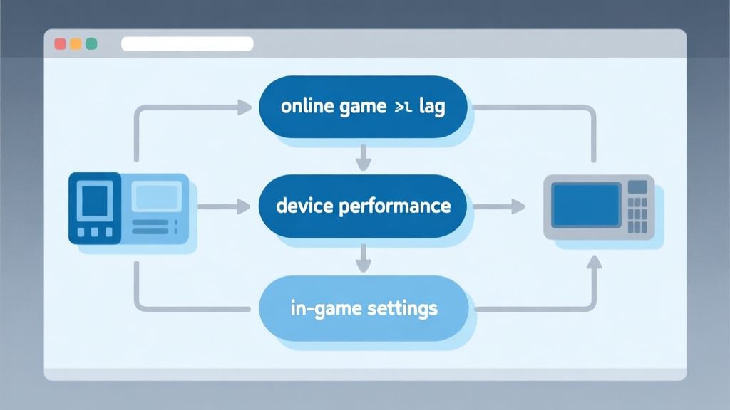 Simple flowchart illustration showing three main causes of online game lag: internet connection, device performance, and in-game settings, with soft blue and grey color scheme, flat design style high quality illustration, detailed, 16:9