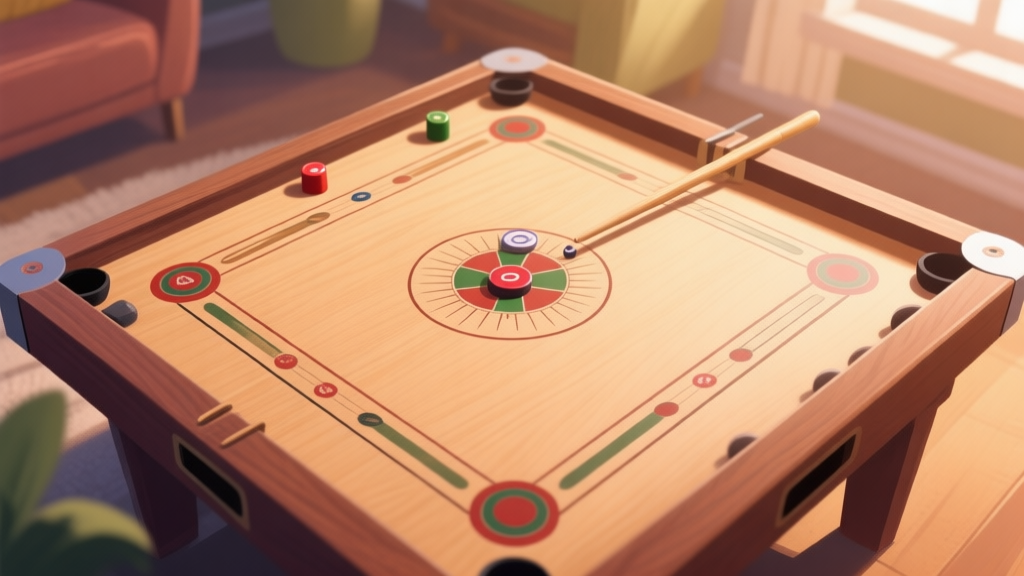 A top-down view of a carrom board in a cozy setting, with smooth wooden surface, striker and pieces ready for play, soft natural lighting, warm and inviting color palette high quality illustration, detailed, 16:9