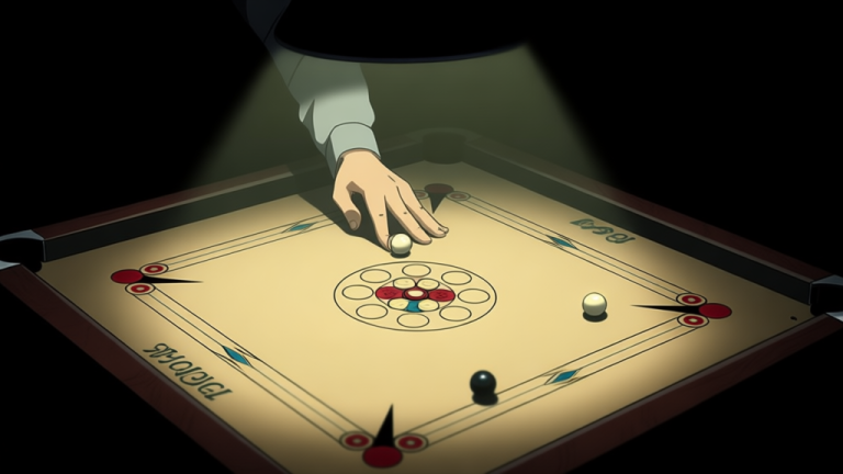 自动生成图片: A top-down view of a carrom board in a dimly lit, focused environment. A player's hand is poised to strike, with soft light highlighting the striker and coins. The atmosphere is tense and quiet, conveying concentration and psychological pressure. high quality illustration, detailed, 16:9