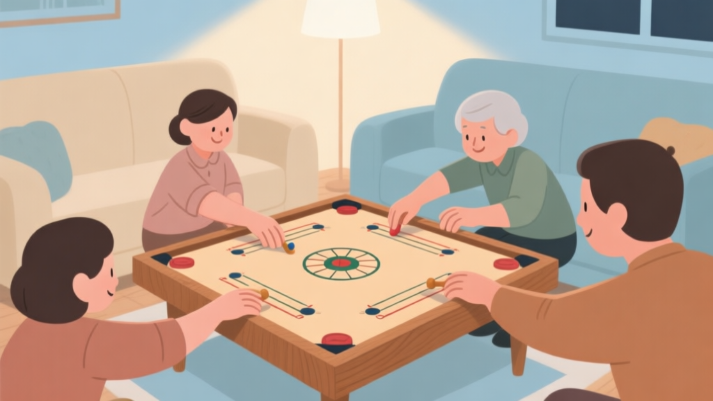 Warm and cozy family game night scene, a carrom board in the center of a living room with soft lighting, hands of different ages reaching for strikers, minimalist illustration with a soft color palette of beige, light blue, and warm wood tones high quality illustration, detailed, 16:9