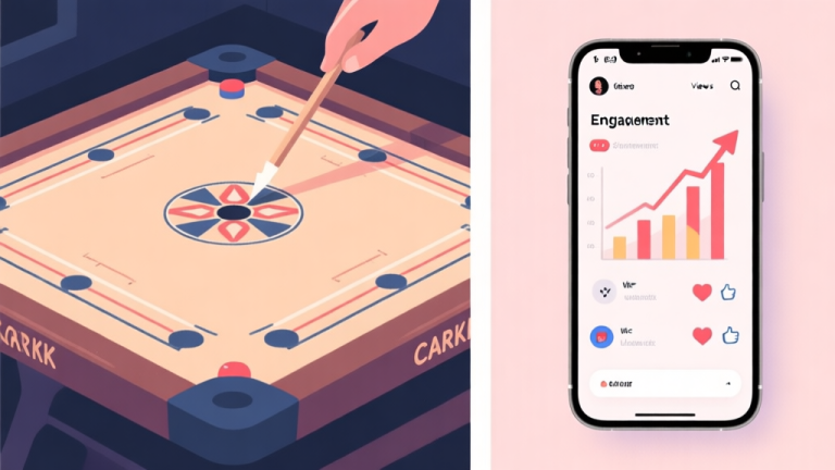 自动生成图片: A split-screen illustration showing a Carrom board on one side with a perfect strike in motion, and on the other side, a smartphone screen displaying skyrocketing engagement graphs like views and likes, in a soft pastel color palette high quality illustration, detailed, 16:9