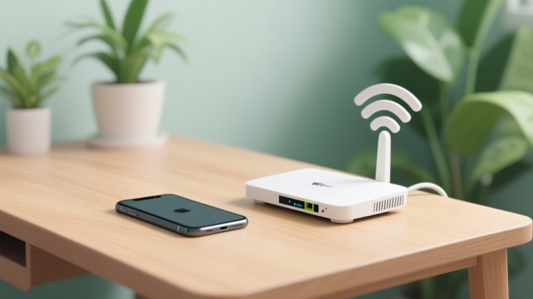自动生成图片: A clean, minimalist setup of a smartphone and a Wi-Fi router on a wooden desk, with soft green plants in the background, illustrating an optimized gaming environment high quality illustration, detailed, 16:9