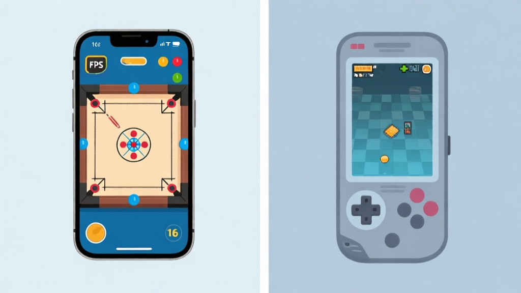 A split-screen smartphone illustration showing two contrasting sides: one with a smooth, high-fps carrom game on a modern phone, and the other with a lagging, low-detail game on an older device, using a soft blue and gray color palette high quality illustration, detailed, 16:9