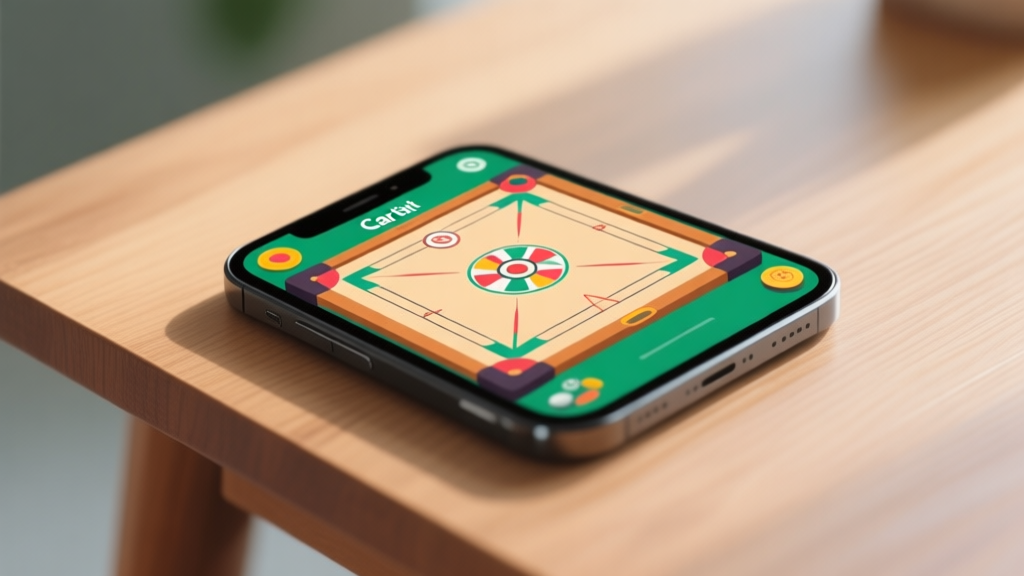 A modern smartphone displaying a vibrant Carrom board game interface, resting on a wooden table with subtle natural lighting, minimalist style high quality illustration, detailed, 16:9