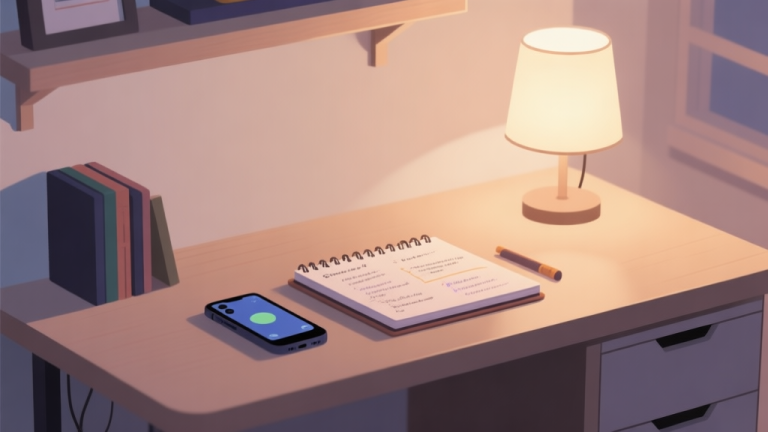 自动生成图片: A serene, organized gaming setup with a smartphone on a desk, a notebook with strategy notes, and a soft-lit lamp, in a minimalist style with warm, muted colors high quality illustration, detailed, 16:9