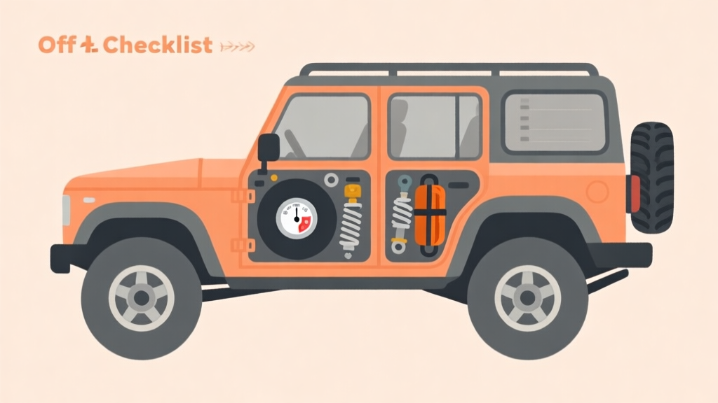 A detailed, clean illustration of an off-road vehicle checklist. The image shows a stylized 4x4 vehicle with transparent sections revealing critical components like tire pressure, suspension, and recovery gear. Soft orange and grey color scheme, flat design style. high quality illustration, detailed, 16:9