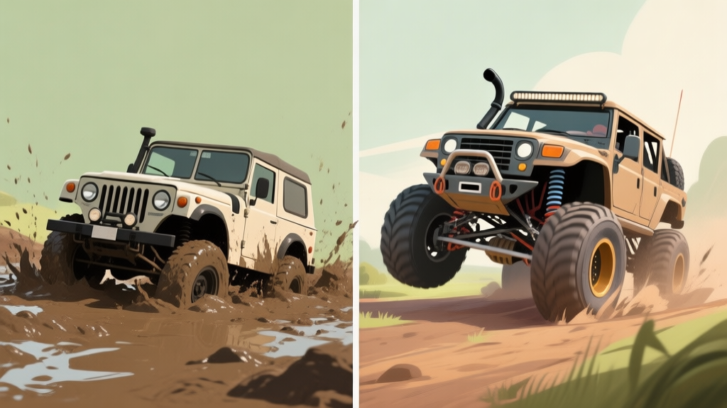 A split-screen illustration showing a standard off-road vehicle struggling in mud on one side, and a heavily modified version with lifted suspension, large tires, and snorkel gliding through easily on the other, in a soft color palette of earthy greens and browns high quality illustration, detailed, 16:9