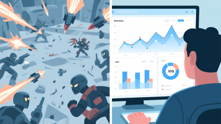 自动生成图片: A split-screen illustration showing a chaotic game scene with projectiles and enemies on one side, and a calm, analytical player viewing data charts and enemy patterns on the other, in a soft color palette of blues and greys high quality illustration, detailed, 16:9