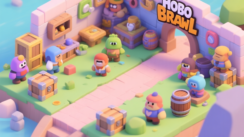 A welcoming, isometric view of a vibrant and slightly chaotic game hub in Hobo Brawl, with diverse cartoonish characters, various interactive objects like crates and barrels, and a clear path leading forward, soft pastel color palette high quality illustration, detailed, 16:9