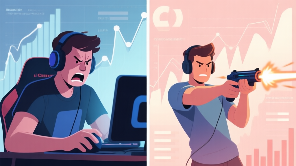 Split-screen comparison of a frustrated gamer missing a shot and a confident gamer hitting a perfect headshot, with abstract data graphs overlaying the background, soft color palette high quality illustration, detailed, 16:9