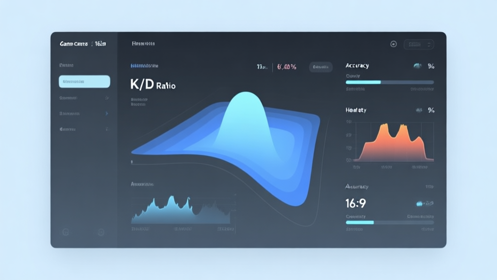A minimalist digital dashboard showing abstract game statistics like K/D ratio, accuracy percentage, and heatmaps, with a soft blue and dark grey color scheme, clean interface design high quality illustration, detailed, 16:9