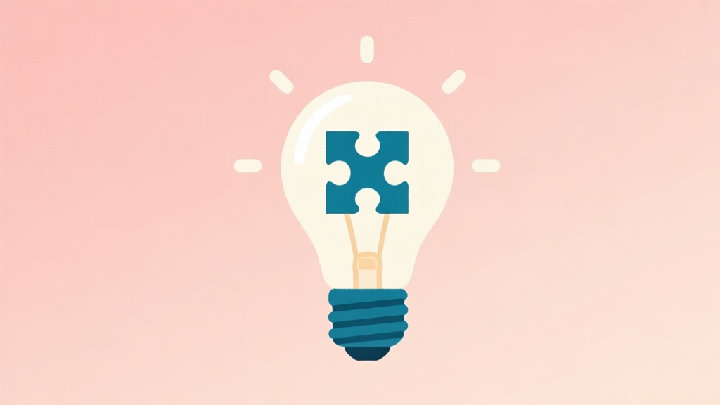 A minimalist flat design illustration showing a lightbulb with puzzle pieces inside, on a soft pastel background, representing the concept of solving picture riddles high quality illustration, detailed, 16:9