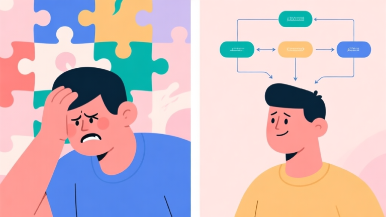 自动生成图片: A split-screen illustration showing a frustrated player on one side with a confusing abstract puzzle, and a confident player on the other side with a clear strategy flowchart above their head, in a soft pastel color palette high quality illustration, detailed, 16:9