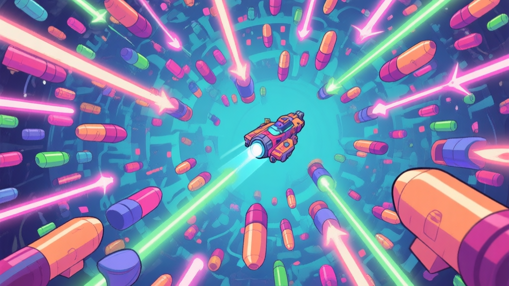 A top-down view of a vibrant, chaotic bullet hell game scene. Countless colorful bullets and lasers fill the screen in intricate patterns, with a small, detailed player ship navigating through the gaps. Soft neon color palette. high quality illustration, detailed, 16:9