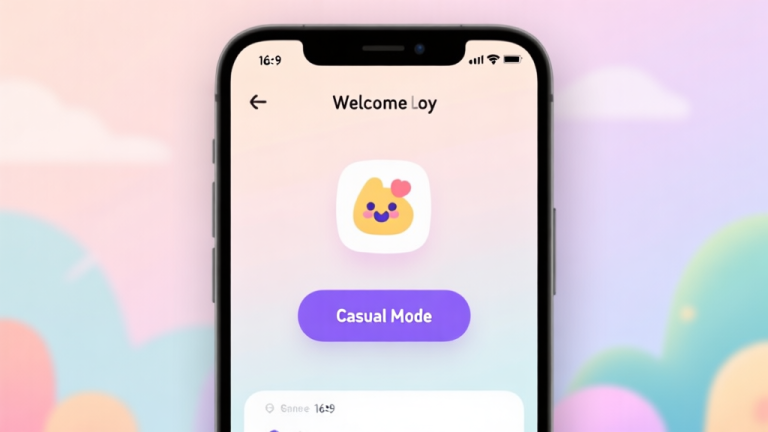 自动生成图片: A welcoming and minimalist game lobby interface on a mobile screen, showing a prominent "Casual Mode" button with a playful icon, soft pastel background high quality illustration, detailed, 16:9