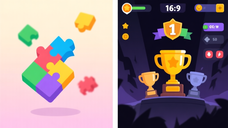 自动生成图片: Split-screen illustration showing contrasting game scenes. Left side: bright, colorful, simple puzzle pieces floating. Right side: dark, intense, with ranking trophies and competitive UI elements. Minimalist flat design with soft gradient background. high quality illustration, detailed, 16:9