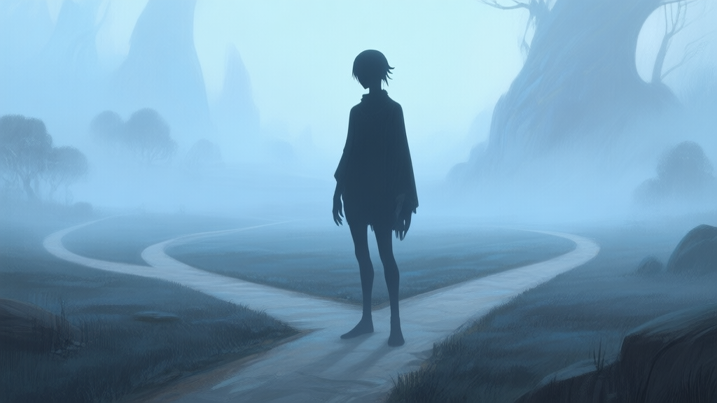 A mysterious, androgynous game character silhouette standing at a crossroads in a foggy, painterly fantasy landscape, soft blues and greys, hinting at multiple possible paths high quality illustration, detailed, 16:9