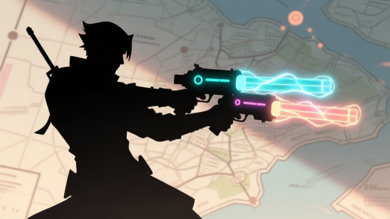 自动生成图片: Game character silhouette in a dynamic pose, holding a versatile weapon that glows with two distinct energy types, set against a strategic map background with soft highlights, muted color palette high quality illustration, detailed, 16:9