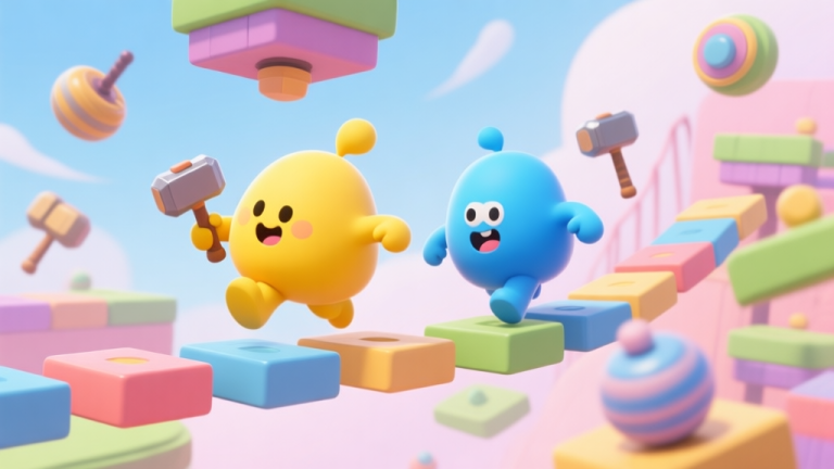 自动生成图片: Two cute, blobby game characters, one yellow and one blue, racing through a colorful obstacle course with falling platforms and spinning hammers, cartoon style, soft pastel colors, dynamic action scene high quality illustration, detailed, 16:9