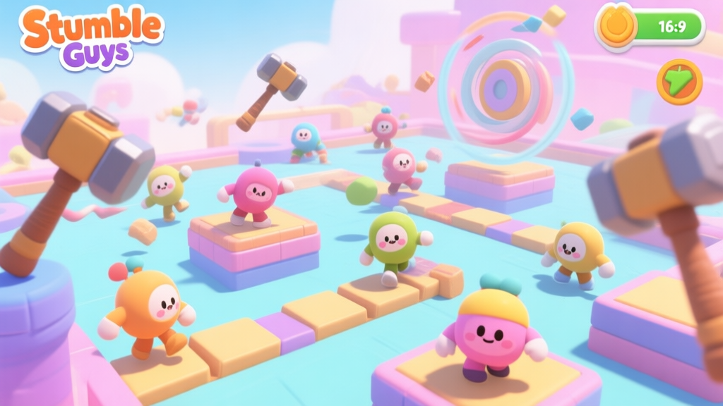 A chaotic and fun scene from a game like Stumble Guys, showing multiple cute, stumbling characters navigating a tricky obstacle course with spinning hammers and moving platforms, in a bright, vibrant, and soft pastel color palette high quality illustration, detailed, 16:9