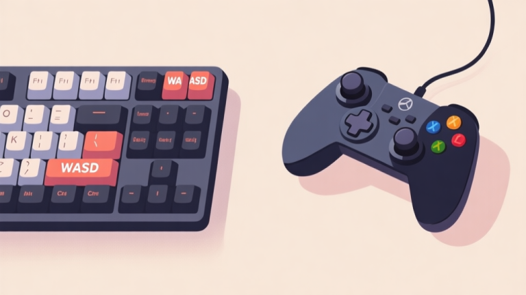 自动生成图片: Side-by-side comparison illustration of a gaming keyboard with highlighted WASD keys and a game controller with highlighted thumbsticks, on a neutral background, using a soft color palette high quality illustration, detailed, 16:9