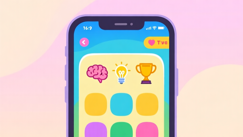 A vibrant, playful illustration of a smartphone screen showing a colorful trivia quiz interface, with simple icons for brain, lightbulb, and trophy, on a soft pastel background high quality illustration, detailed, 16:9