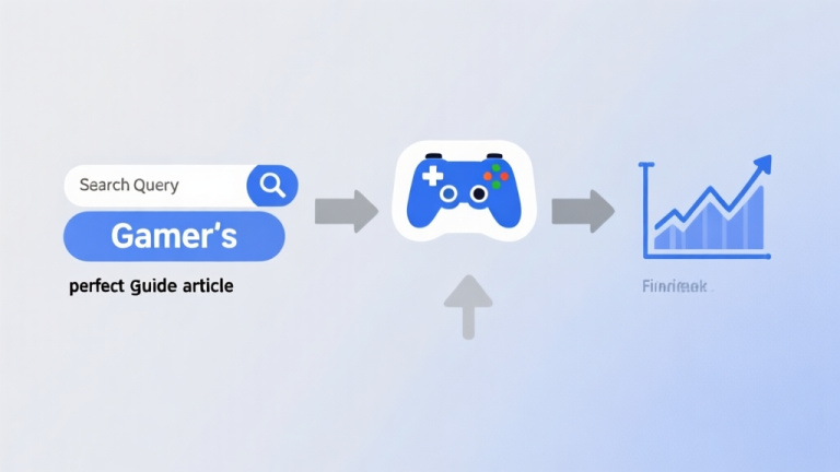 自动生成图片: A minimalist flowchart showing a gamer's journey from a search query to finding a perfect FPS guide article, with soft blue and grey arrows connecting icons of a search bar, a controller, and a trending graph high quality illustration, detailed, 16:9