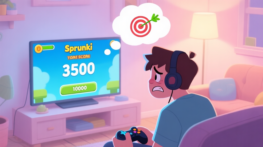 A frustrated gamer looking at a Sprunki game screen showing a score of 3500, with a thought bubble showing a target score of 10000, in a cozy room setting, soft lighting, pastel color palette high quality illustration, detailed, 16:9