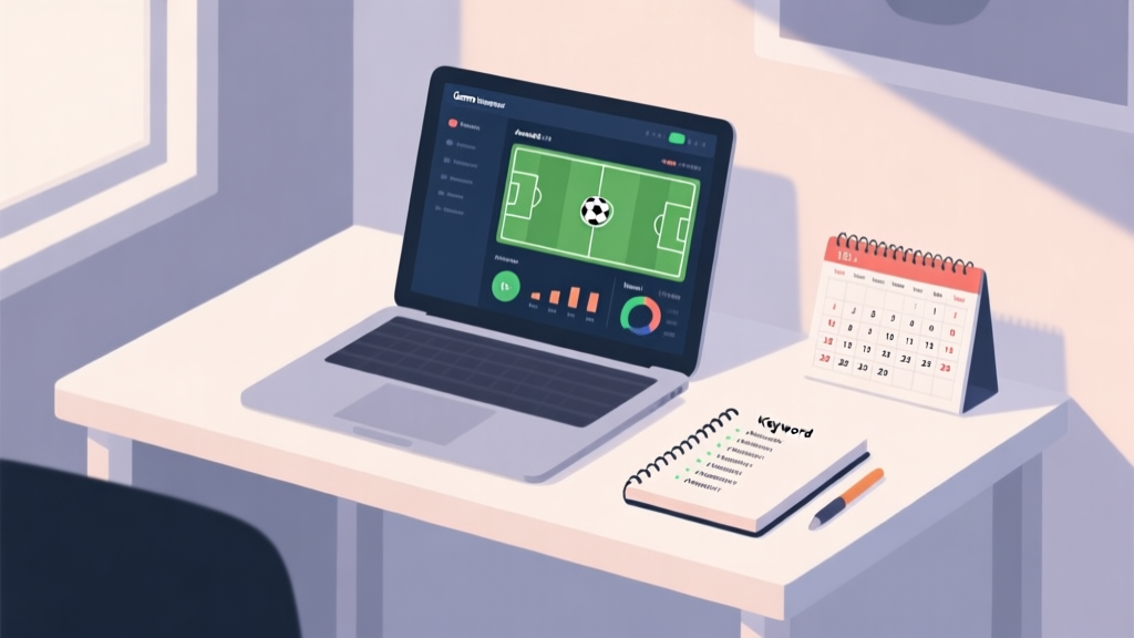 A minimalist illustration of a game developer's desk setup, showing a laptop with a soccer game analytics dashboard on screen, a notebook with keyword lists, and a calendar with content planning, in a clean and organized workspace with soft lighting high quality illustration, detailed, 16:9