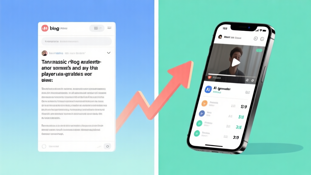 A split-screen illustration showing on one side a classic blog post with text and on the other side a modern smartphone displaying a short video snippet and AI-generated player stats, connected by a rising arrow indicating growth and change, in a soft blue and green color scheme high quality illustration, detailed, 16:9