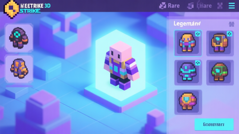 自动生成图片: A stylized, isometric view of a Pixel Strike 3D character customization screen showing various rare skins, with a soft glow around one legendary skin, using a pastel color palette with blues and purples high quality illustration, detailed, 16:9