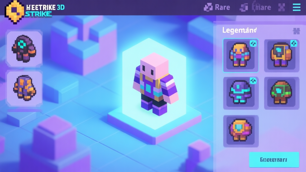 A stylized, isometric view of a Pixel Strike 3D character customization screen showing various rare skins, with a soft glow around one legendary skin, using a pastel color palette with blues and purples high quality illustration, detailed, 16:9