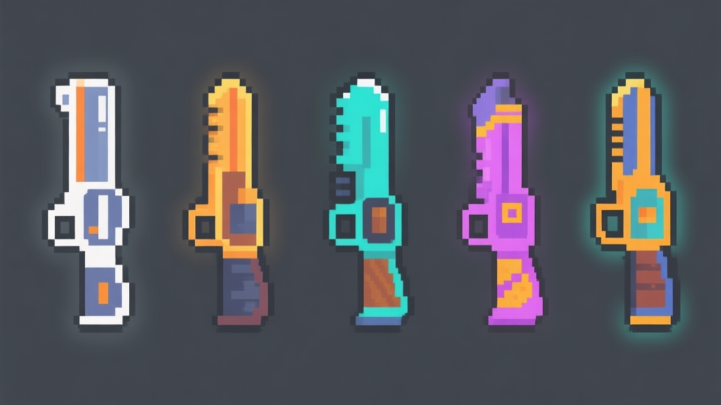 A clean, side-by-side comparison panel of five stylized pixel art weapon skins on a dark grey background, each with a distinct color scheme and subtle glow effects, minimalist design high quality illustration, detailed, 16:9