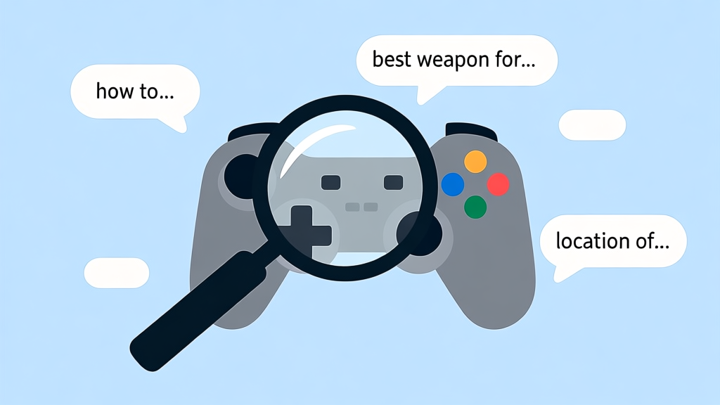 A minimalist illustration showing a magnifying glass over a game controller, with search query bubbles like "how to...", "best weapon for...", and "location of..." floating around, in a soft blue and grey color scheme high quality illustration, detailed, 16:9