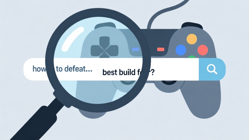 A minimalist illustration showing a magnifying glass over a game controller and a search bar with long-tail keywords like "how to defeat..." and "best build for..." appearing, soft blue and grey color scheme, flat design high quality illustration, detailed, 16:9