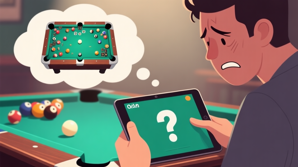 A frustrated beginner playing online pool on a tablet, with a thought bubble showing a chaotic game table and a question mark, soft lighting, muted colors high quality illustration, detailed, 16:9