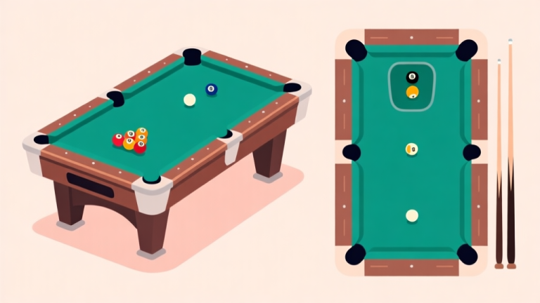 自动生成图片: Side-by-side comparison illustration of an English Pool table and an American Pool table, showing the difference in size, pocket shape, and ball size, using a clean flat design with soft colors high quality illustration, detailed, 16:9