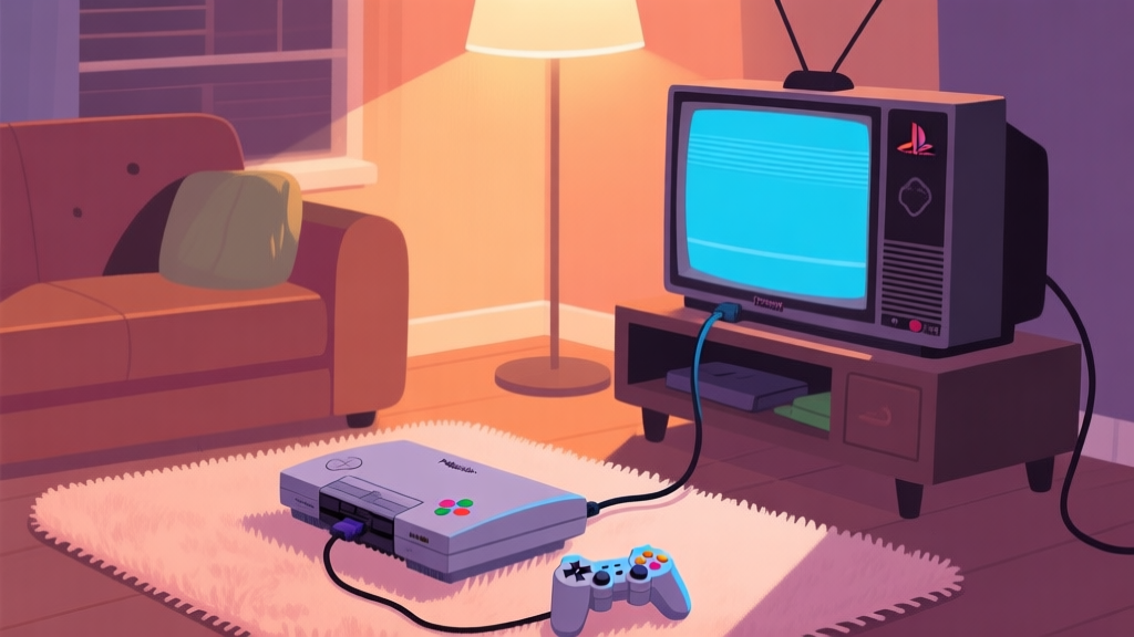 A nostalgic gaming setup with a classic PlayStation 2 console connected to a CRT television, a game controller on a soft rug, warm and cozy lighting, flat illustration style high quality illustration, detailed, 16:9