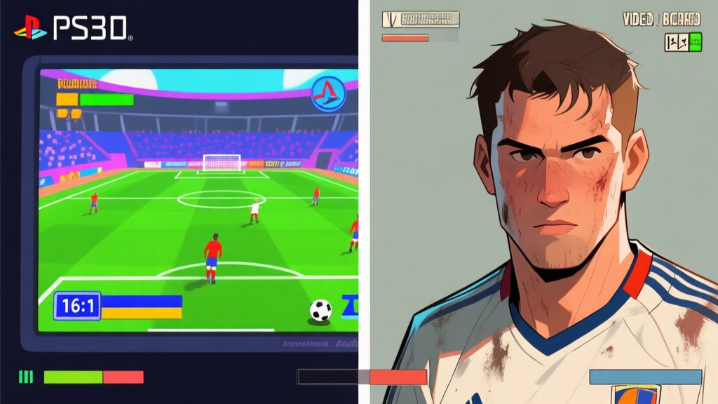 Split-screen illustration showing two distinct soccer video game styles from the PS2 era, one side with a more stylized, colorful broadcast presentation, the other with a grittier, realistic player close-up, soft muted color palette high quality illustration, detailed, 16:9