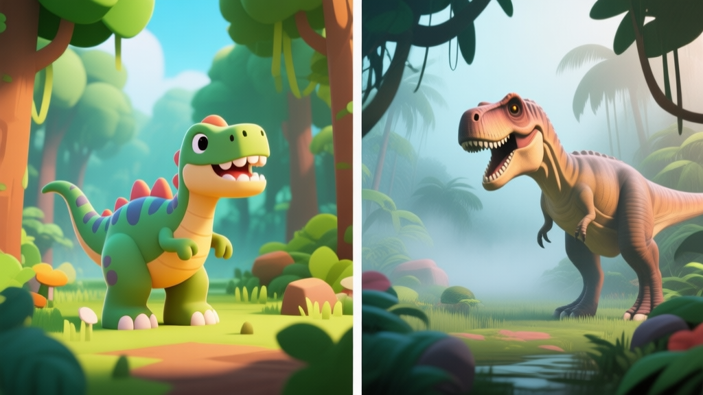 Side-by-side comparison of two distinct Roblox dinosaur game scenes, one with cartoonish dinosaurs in a bright forest, another with more realistic dinosaurs in a misty jungle, soft color palette, split-screen design high quality illustration, detailed, 16:9