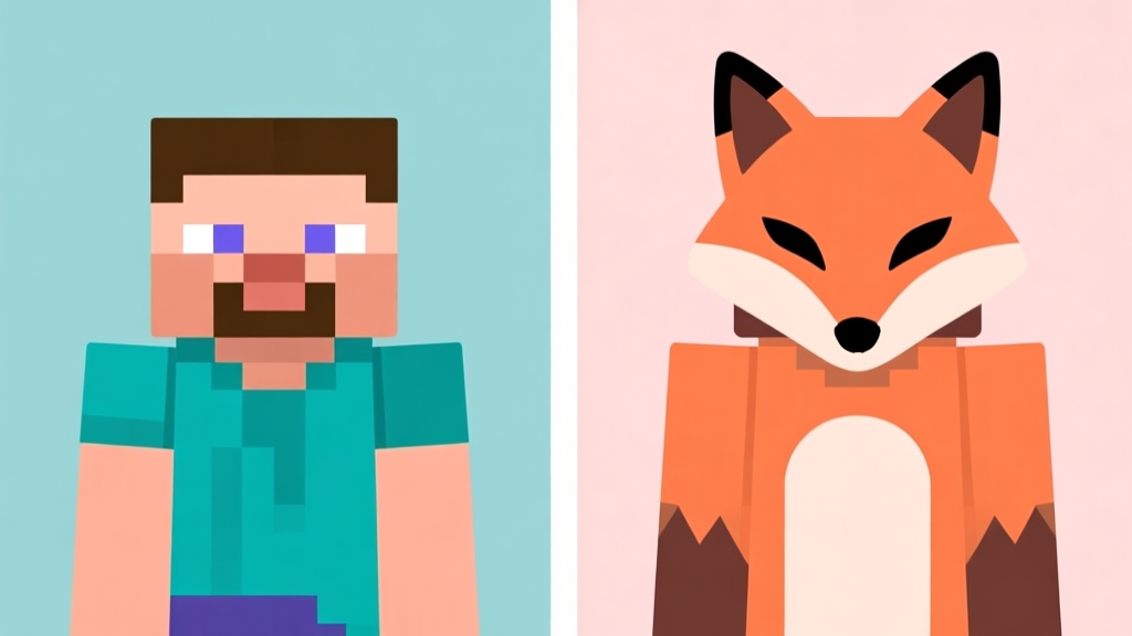 A split-view illustration showing a default Minecraft character on one side and the same character wearing a stylized fox mask skin on the other, flat design style, soft pastel colors high quality illustration, detailed, 16:9