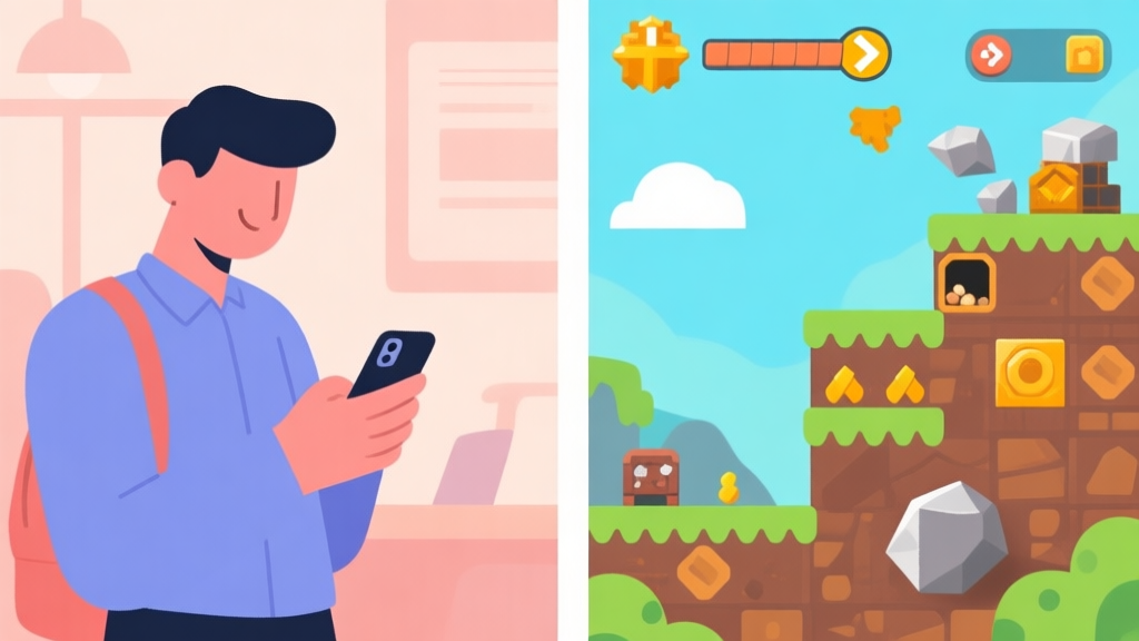 A split-screen illustration showing a busy person checking their phone on one side, and a vibrant, progressing game screen with mining elements on the other, in a flat design style with soft colors high quality illustration, detailed, 16:9