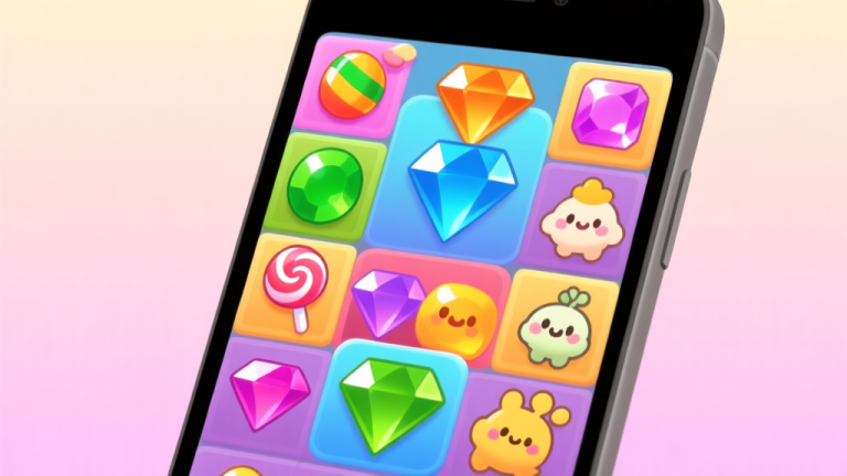 自动生成图片: A vibrant collage of popular puzzle game icons and characters on a smartphone screen, including colorful candies, shiny gems, and cute Sprunki-like creatures, set against a soft pastel background high quality illustration, detailed, 16:9