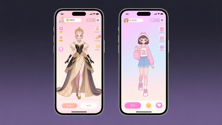 自动生成图片: Side-by-side comparison of two distinct mobile game dress-up screens, one with lavish luxury style and another with cute casual fashion, soft pastel background, clean interface high quality illustration, detailed, 16:9