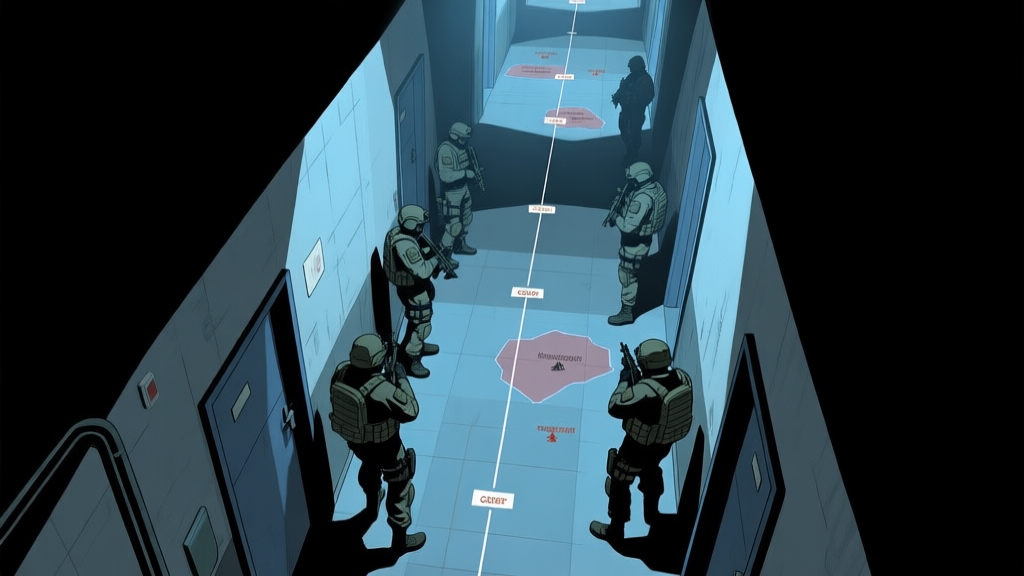 A top-down tactical view of a SWAT team in a dimly lit corridor, with clear visual indicators for line of sight, cover positions, and potential threat zones, using a muted color palette of blues and grays high quality illustration, detailed, 16:9
