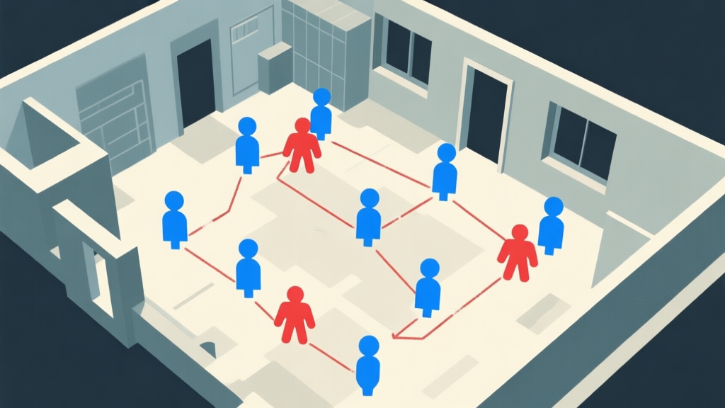 A top-down tactical map view of a building interior, with abstract blue player icons and red enemy icons, connected by lines of sight and planned movement paths, in a muted color scheme high quality illustration, detailed, 16:9