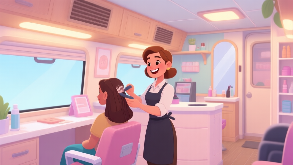 A cozy, inviting hair salon interior in a mobile game style, with a smiling stylist attending to a customer, soft pastel color palette, warm lighting, clean and organized counters high quality illustration, detailed, 16:9
