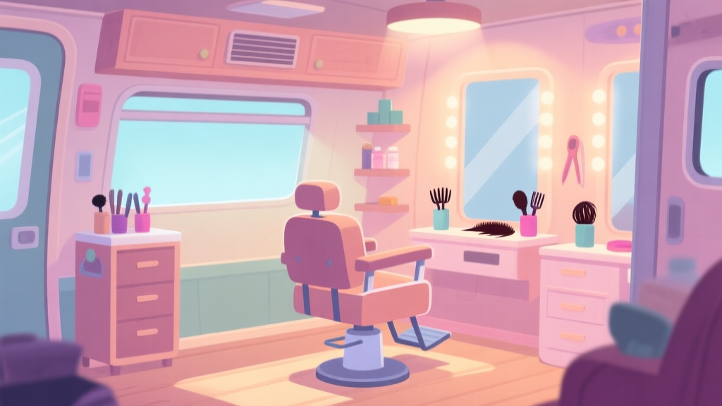 A cozy, softly lit hair salon interior in a mobile game style, with pastel color palette, a stylized chair, hair tools neatly arranged, and a sense of warm, inviting atmosphere, flat design illustration high quality illustration, detailed, 16:9