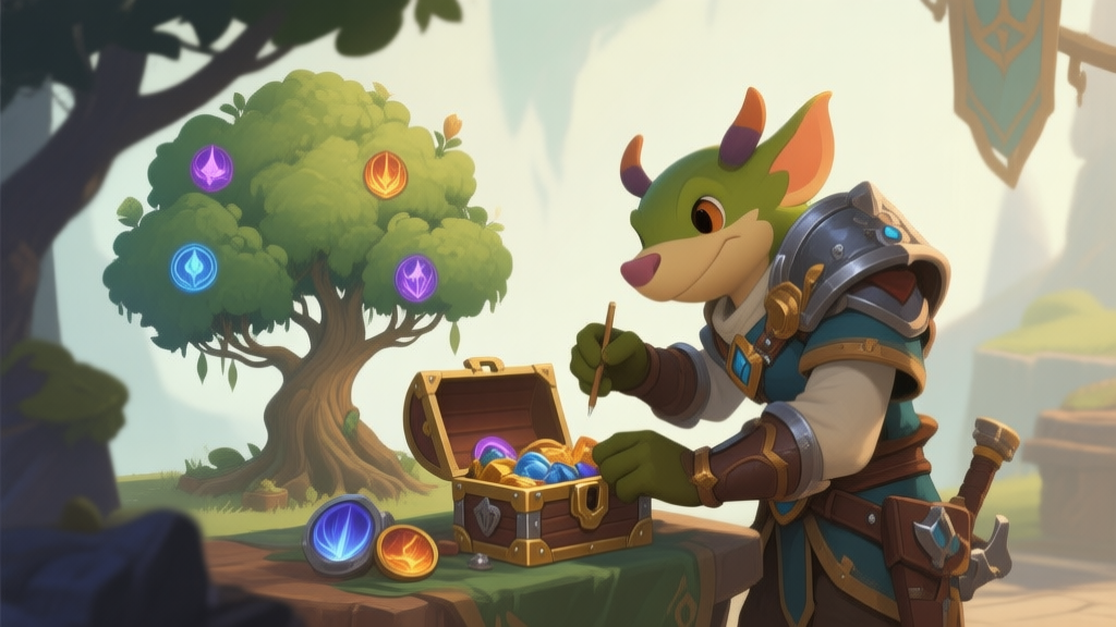Game character Dandino in a preparation scene, checking skill tree and inventory, fantasy RPG style, soft lighting, detailed equipment, calm color palette high quality illustration, detailed, 16:9